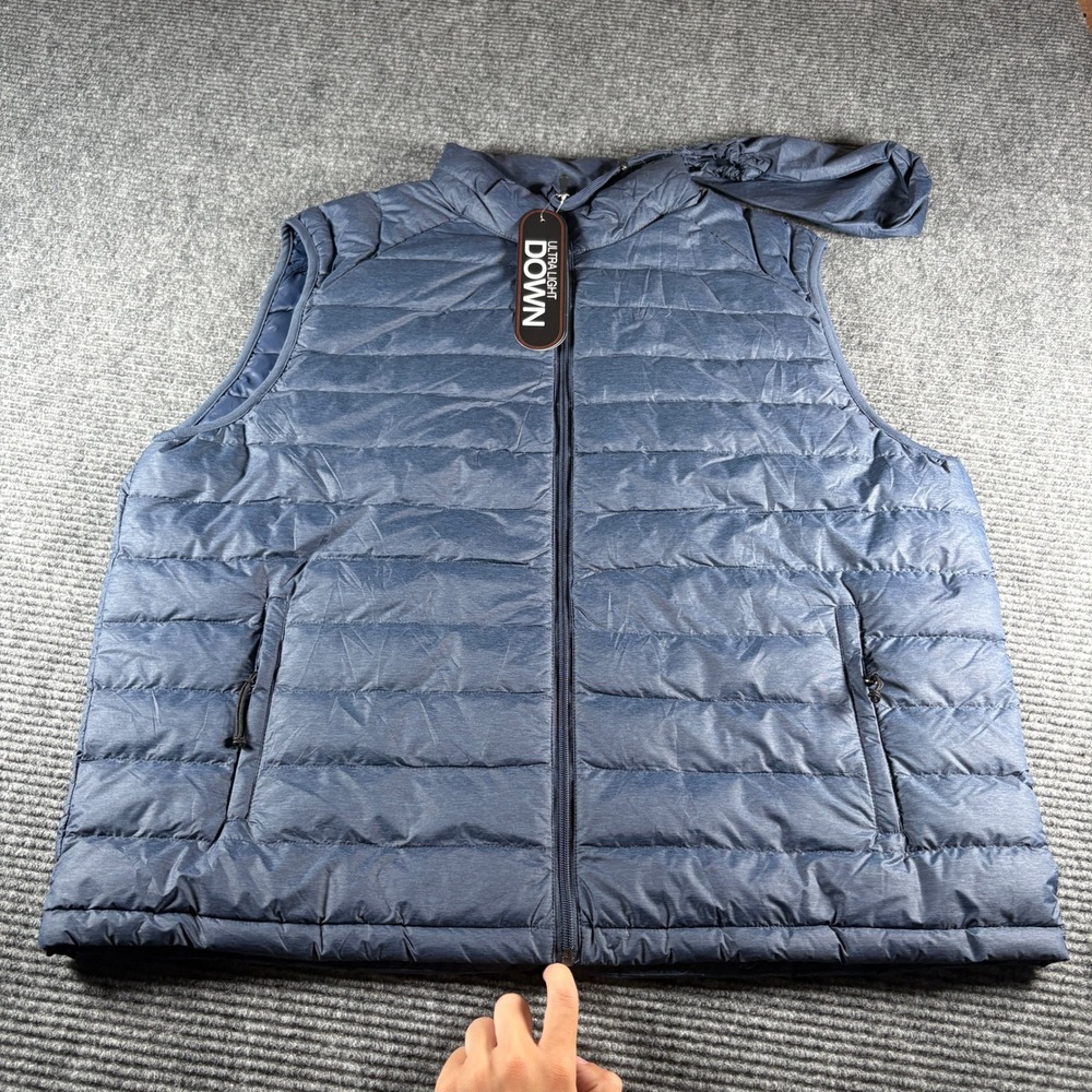 Heatkeep Mens XXL Ultra Light Down Puffer Vest Blue Heather Hooded Full Zip 4371